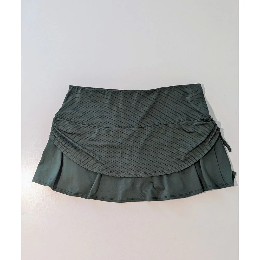 Lucky In Love Womens Medium Army Green Mesh Tiered Ruched Athletic Tennis Skort